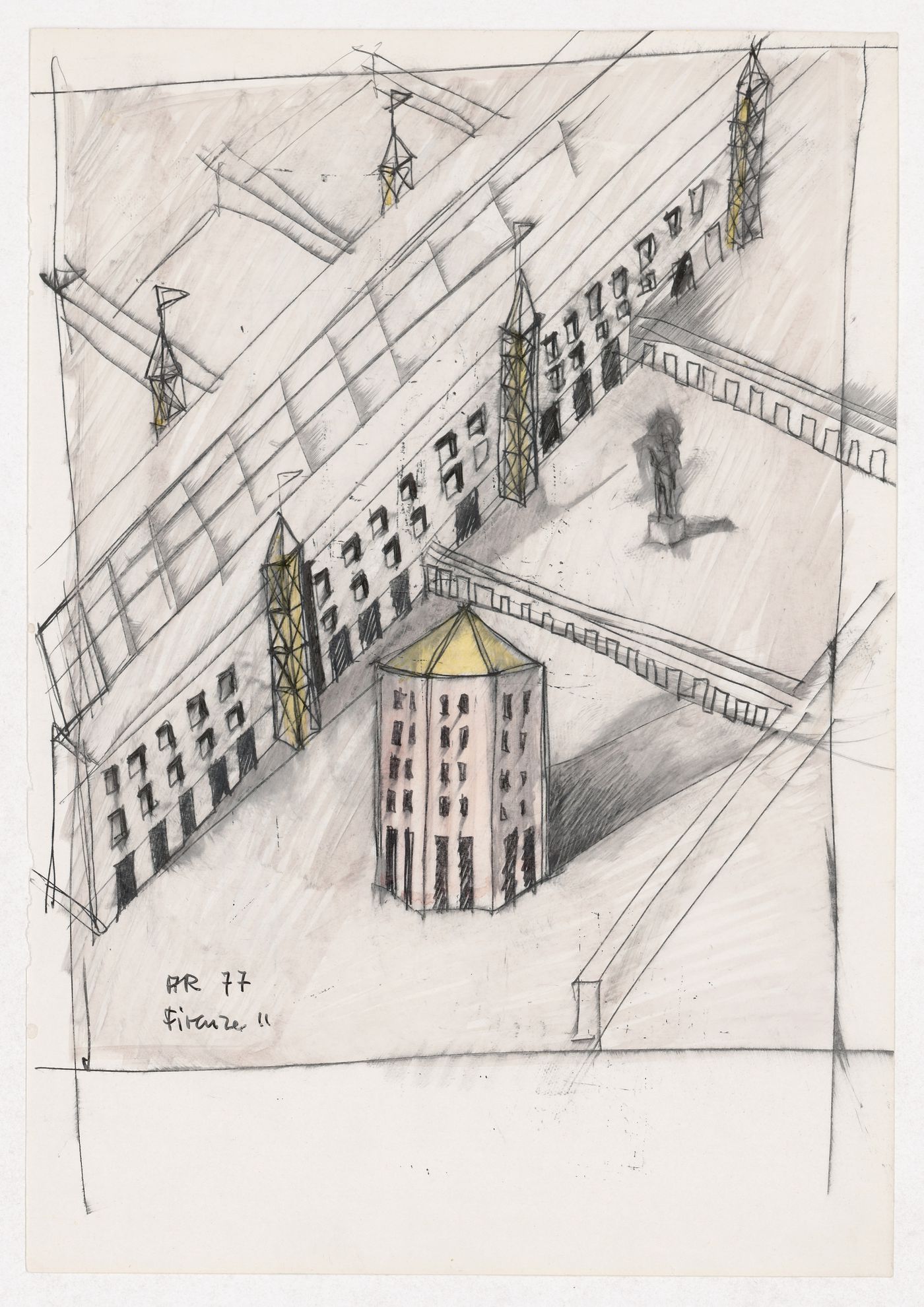 Perspective sketch for Centro Direzionale, Florence; verso: Sketch axonometric for Centro Direzionale, Florence