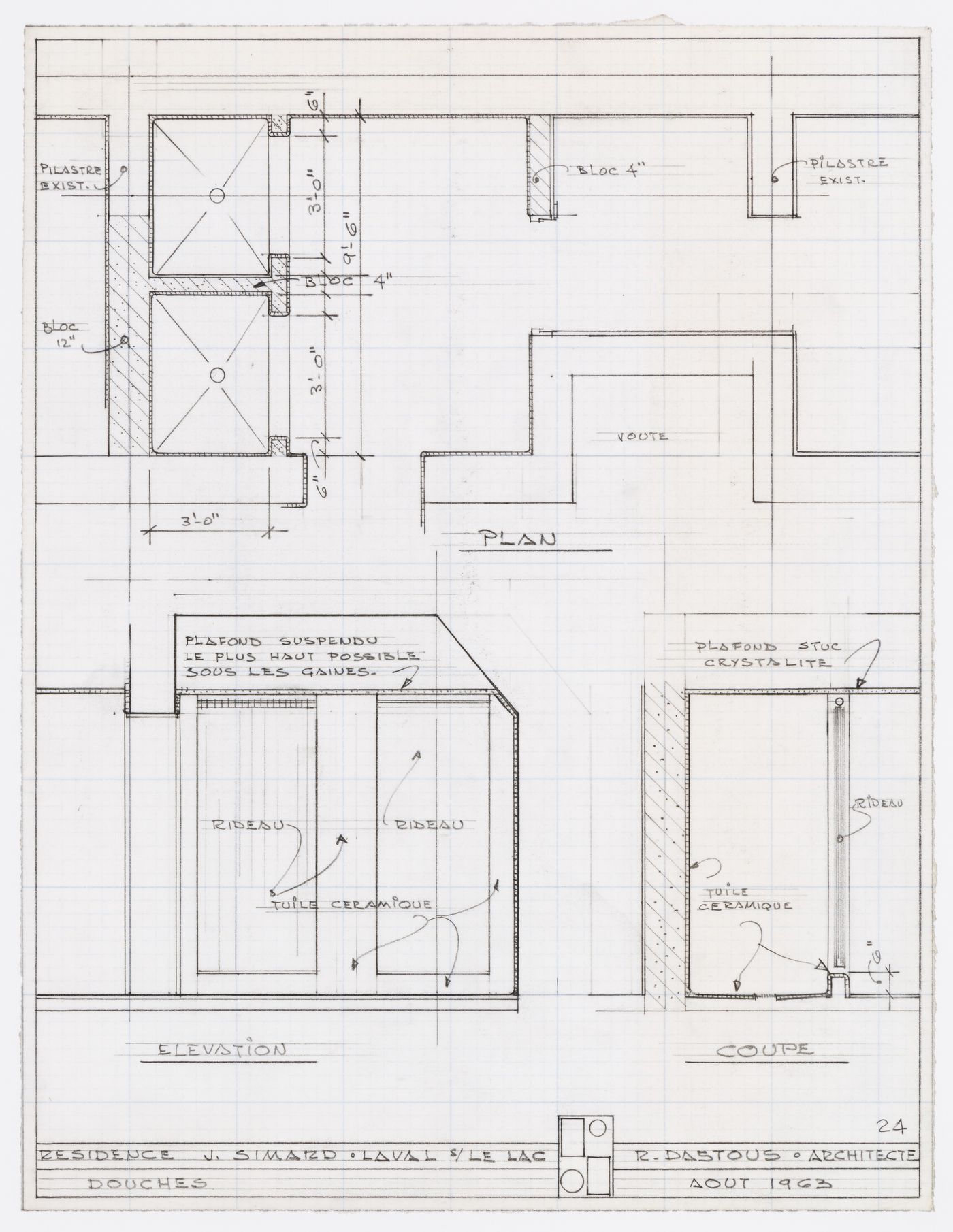 Plan, élévation et coupe des douches pour Résidence Jean Simard, Laval-sur-le-Lac, Québec