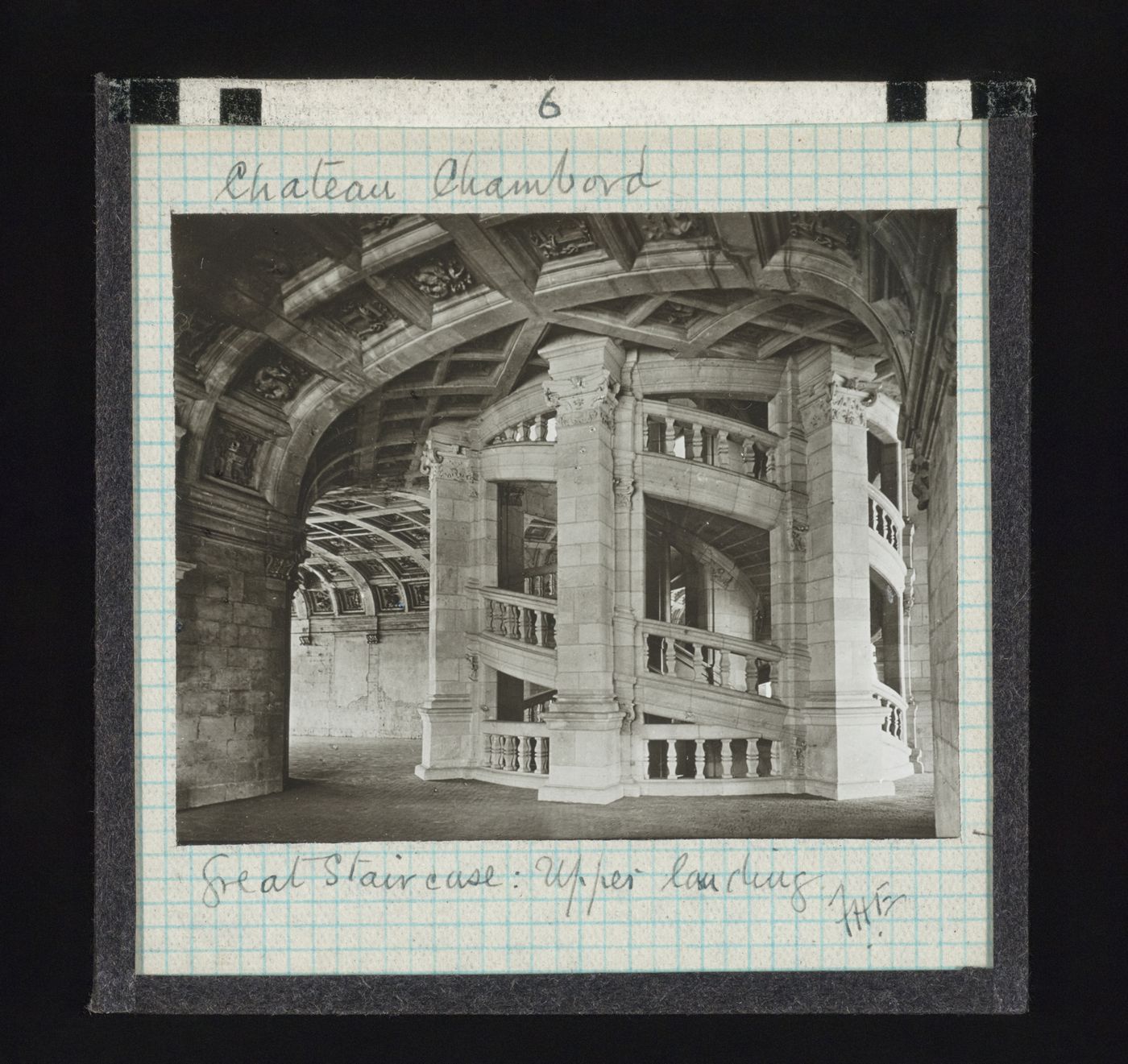 View of double spiral stairs of Château de Chambord from upper landing, Chambord, Loir-et-Cher, France