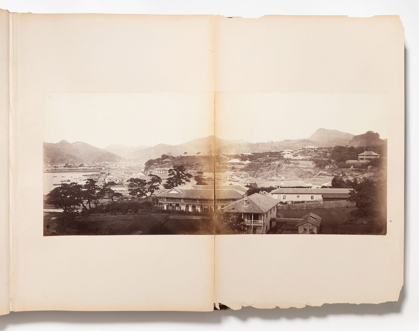 Panorama of the harbour and the foreign settlements of Oura-machi and Deshima, Nagasaki, Japan