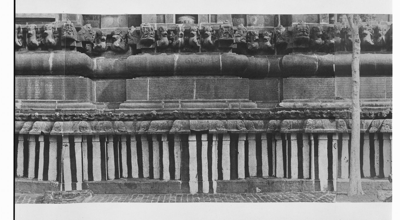 Partial view of the inscription panel at the base of the bimanum [sanctuary], Pirakatisvarar Tirukkoyil (also known as the Brihadisvara or Rajarajesvara Temple), Tanjore (now Thanjuvar), India