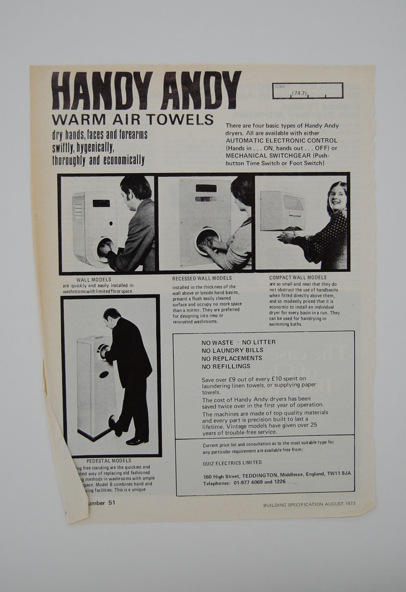 Handy Andy warm air towels : dry hands, faces and forearms swiftly, hygienically, thoroughly and economically