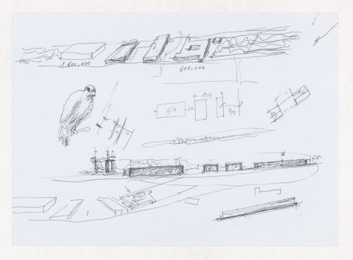 Sketch axonometric views, elevation, and bird for Biblioteca da Câmara Municipal de Viana do Castelo, Viana do Castelo, Portugal