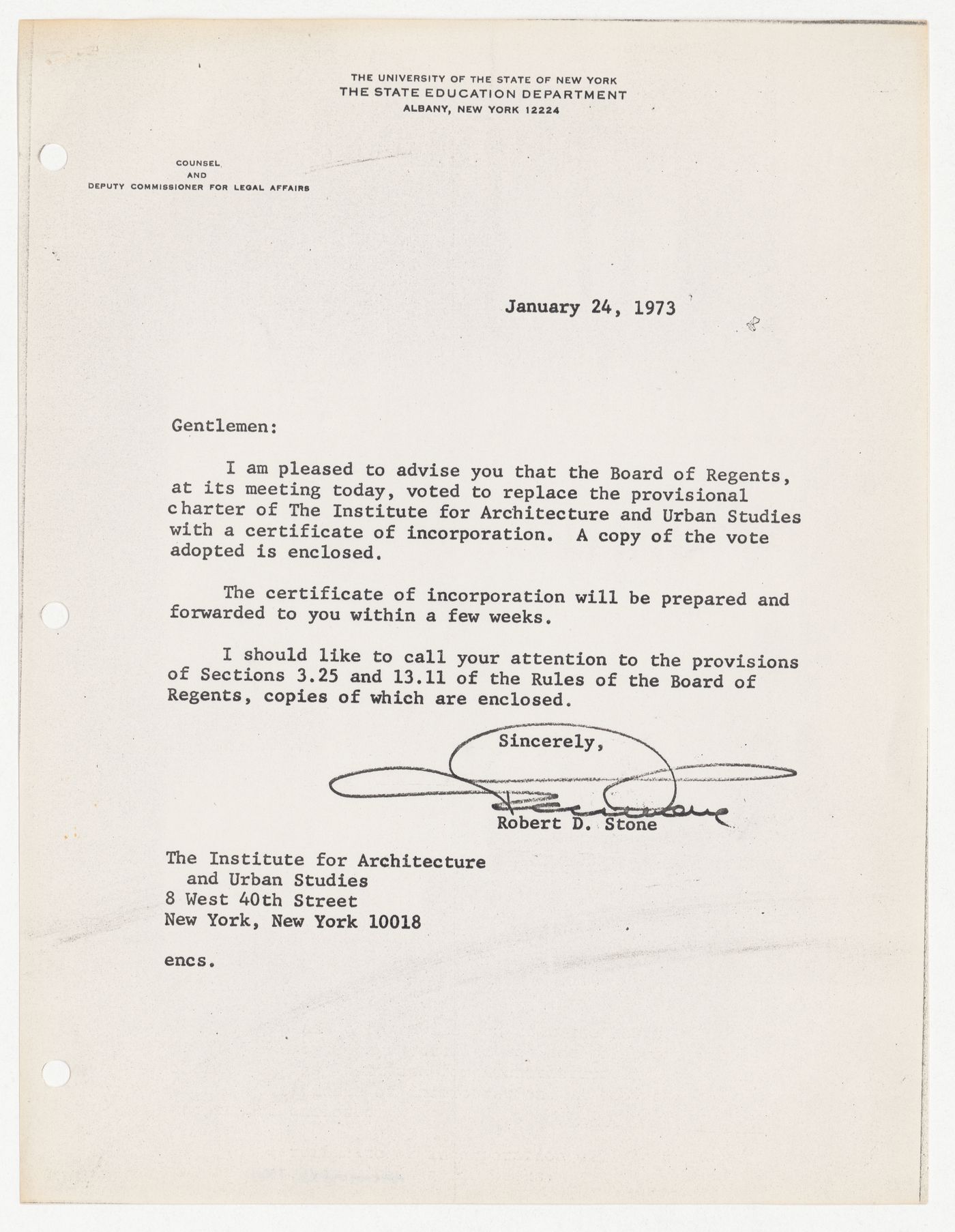 Letter from Robert D. Stone about incorporation of IAUS with attached copy of vote adopted and a copy of sections 3.25 and 13.11 of the Rules of the Board of Regents