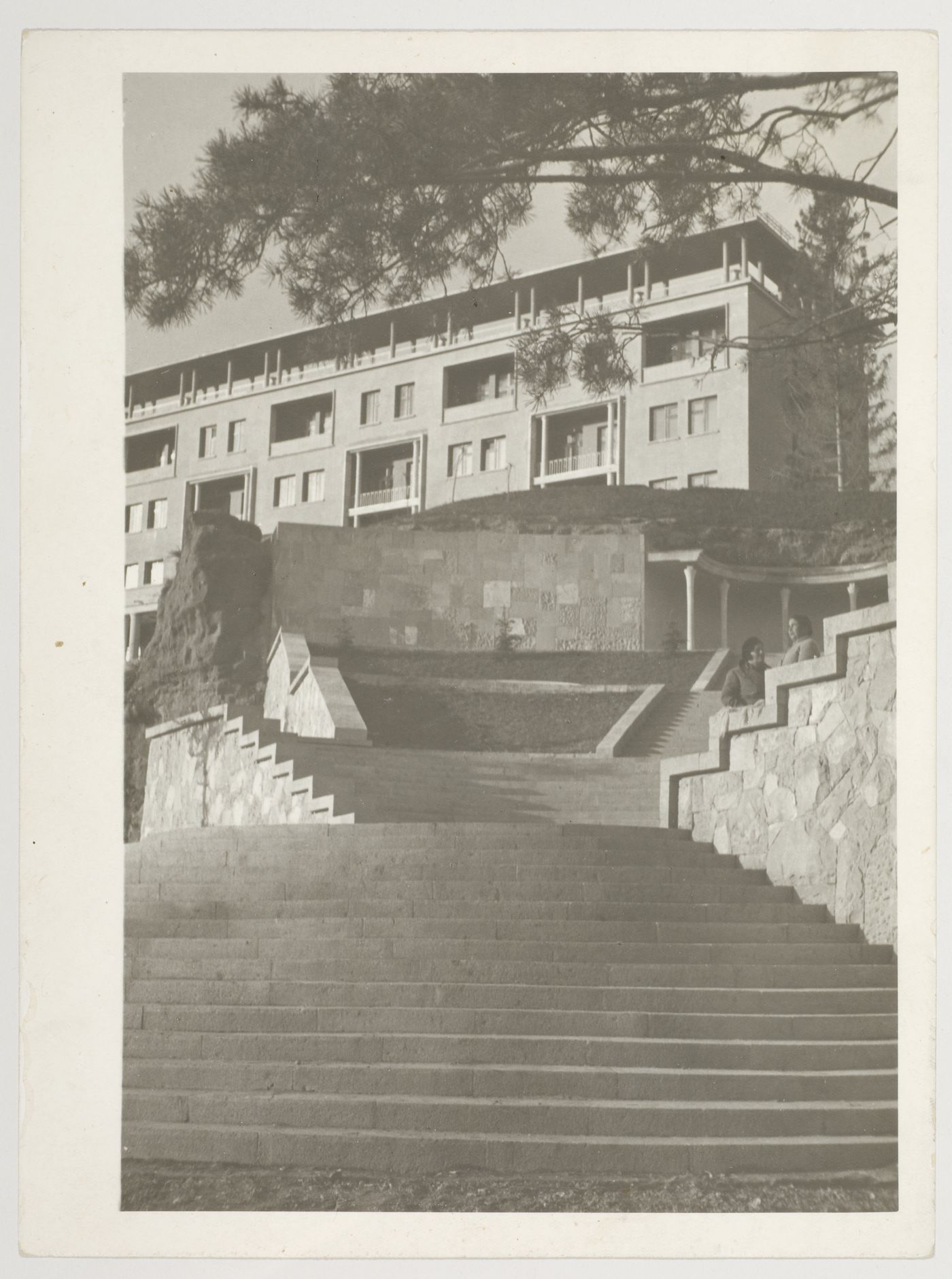 Exterior view of stairs to the Ordzhonikidze Sanatorium for the People's Commissariat for Heavy Industry (Narkomtyazhprom), Kislovodsk, Soviet Union (now in Russia)