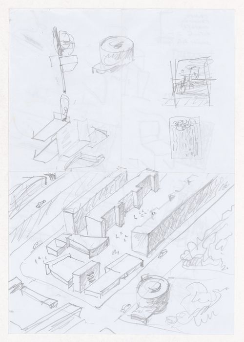 Sketch axonometric views for Edifícios Centrais do Campus de Tarongers - Proj. III, Valencia, Spain; verso: Sketches of chairs, people, and vessels for Edifícios Centrais do Campus de Tarongers - Proj. III, Valencia, Spain