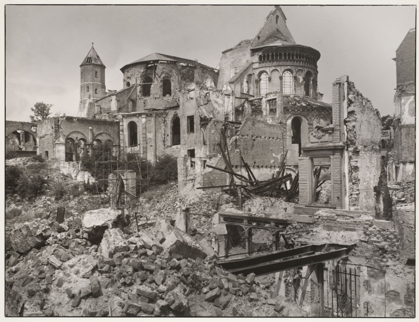 View of destruction to church and buildings, Cologne, Germany