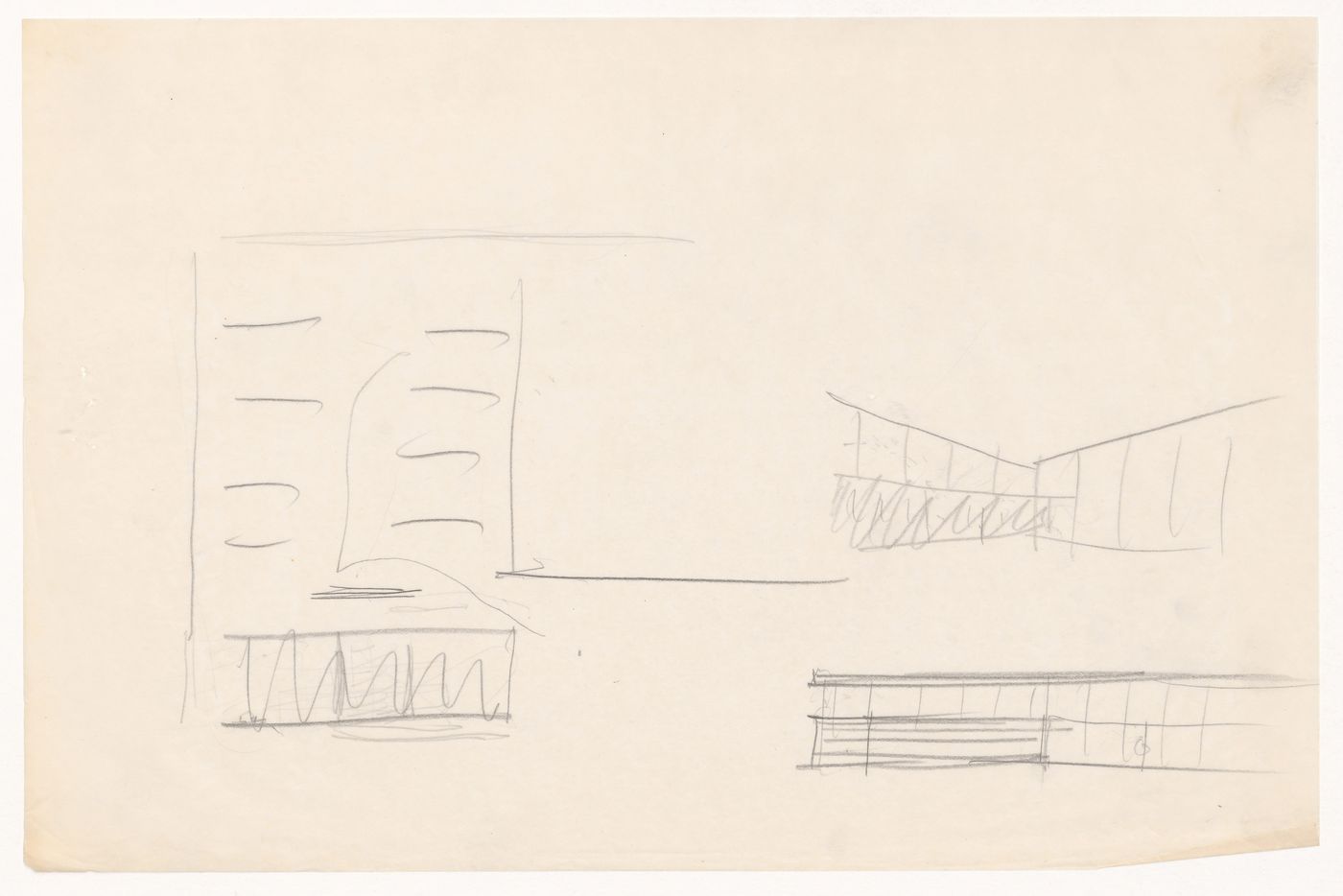 Partial sketch plan, interior perspective sketch and partial sketch elevation for a campus building for Illinois Institute of Technology