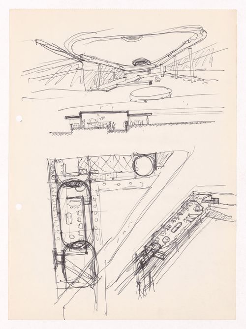 Sketch perspective, section, plan and axonometric view for Motel em Vale de Canas, Coimbra, Portugal