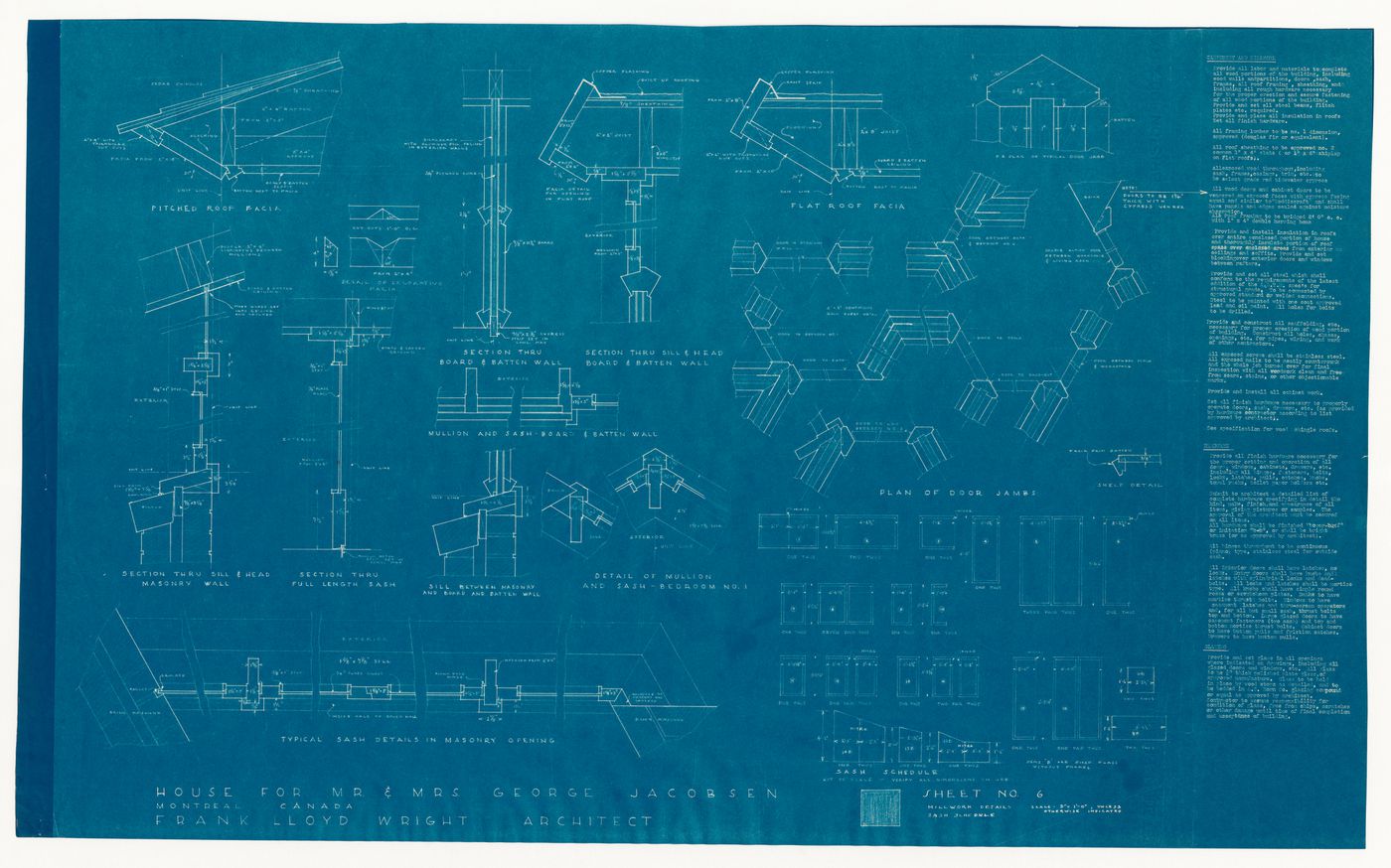 Sections, a plan, details and the sash schedule with specifications for the 1950 design for the Mr. & Mrs. George Jacobsen House, Hudson, Québec