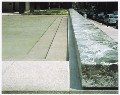 Seagram Building, New York: the plaza, verd-antique marble bench, and pool