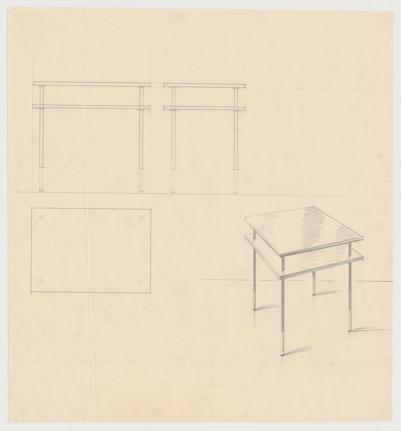 Elevations, plan, and perspective for a table