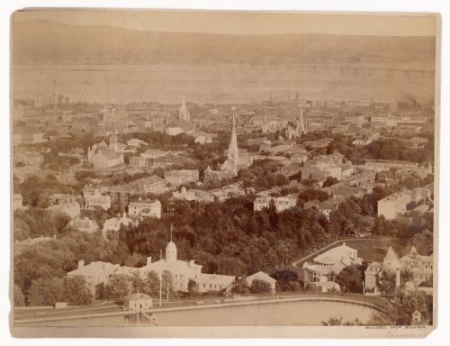 View of Montréal from Mount Royal showing the McTavish Reservoir in the foreground, Basilique Notre-Dame on the far left and Victoria Bridge on the far right, Québec