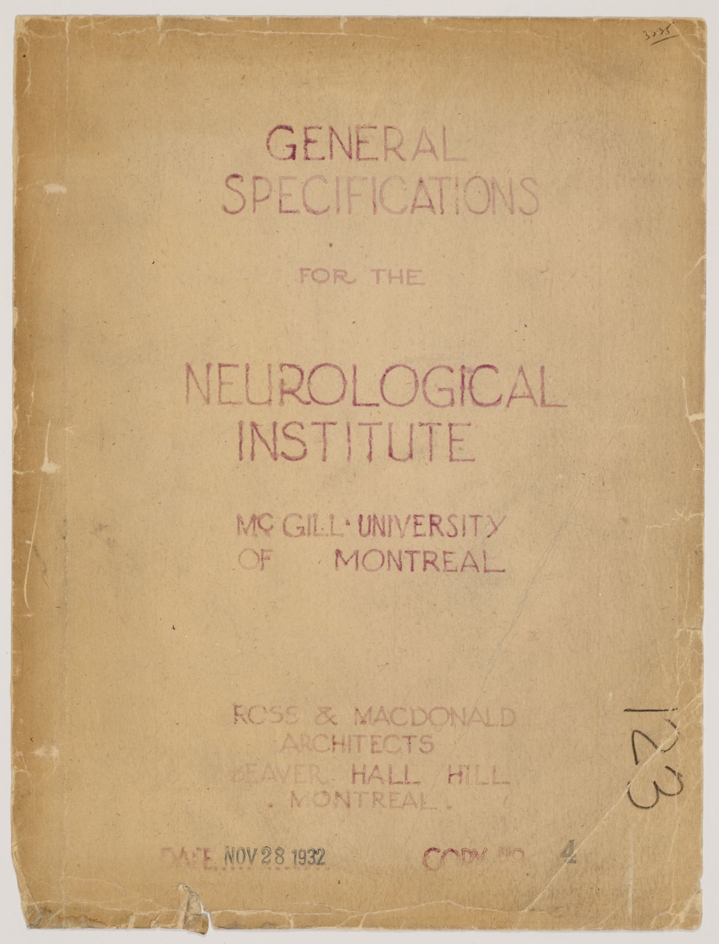 "General Specifications for the Neurological Institute, McGill University of Montreal"