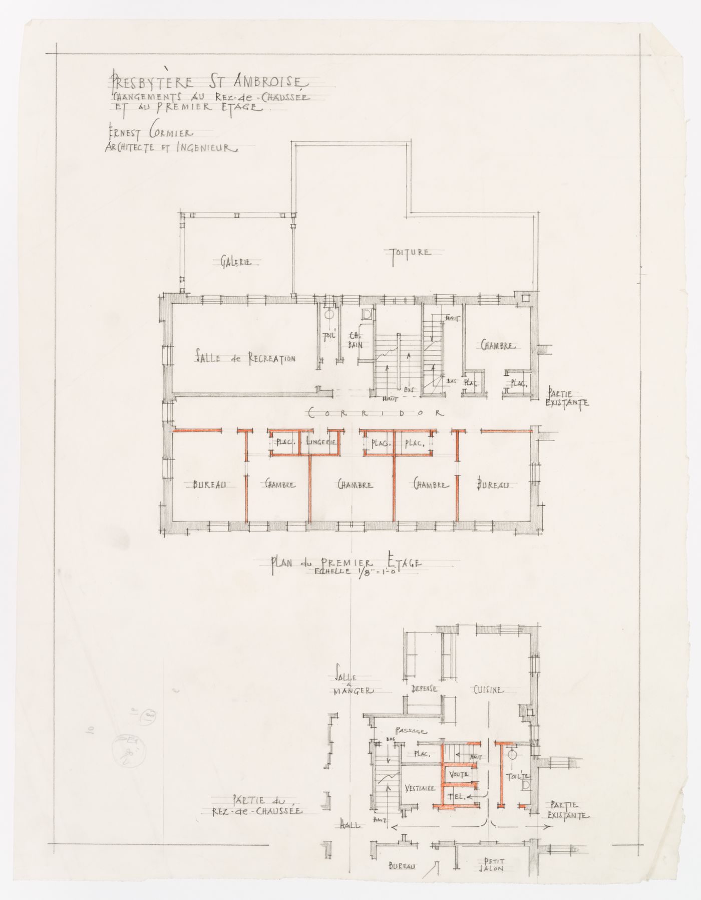 Plan des changements du rez-de-chaussé et du premier étage, Presbytère Saint-Ambroise, Montréal, Canada (1926-1929)