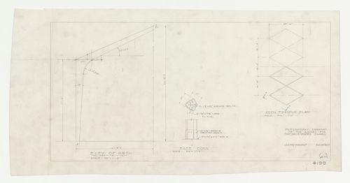Wayfarers' Chapel, Palos Verdes, California: Elevation and plan for chapel redwood bent trusses, including details for base construction