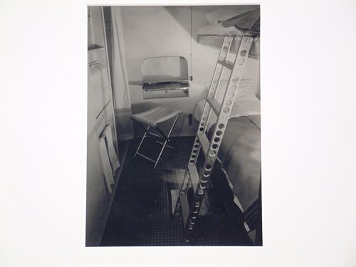 Interior of the Zeppelin Hindenburg, detail of sleeping cabin with bunkbeds and folding stool