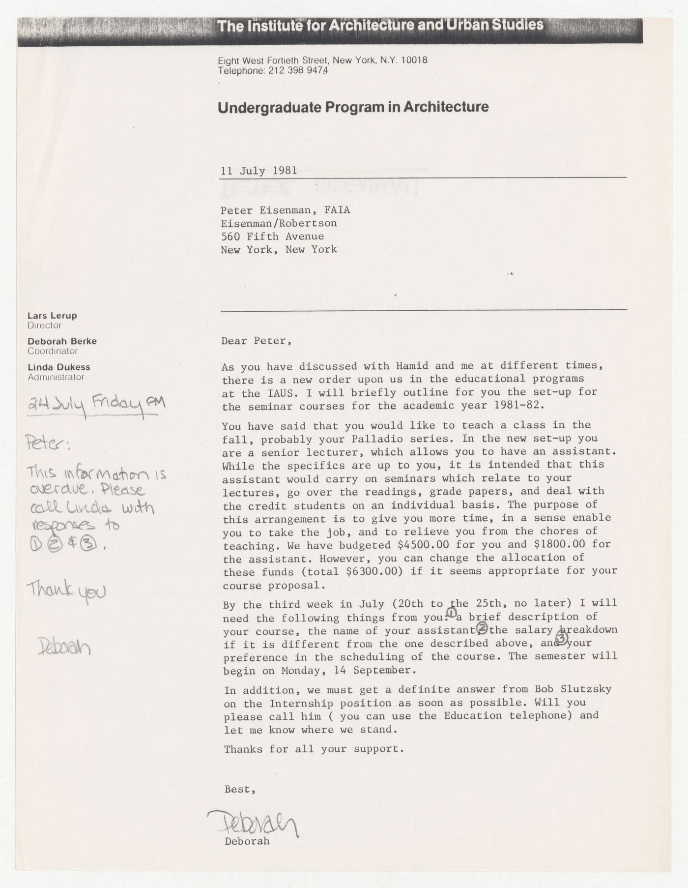 Memorandum from Deborah Berke to Peter D. Eisenman about Eisenman teaching in the Undergraduate Program in Architecture