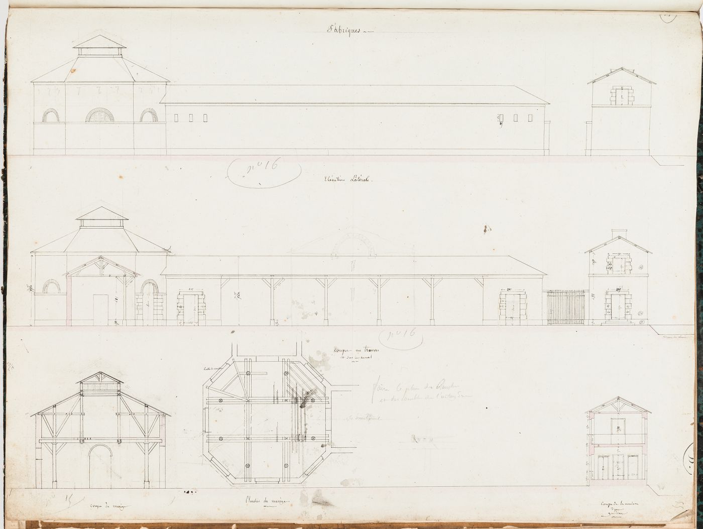 Project for Clos d'équarrissage, fôret de Bondy: Elevations, sections, and framing plan for the factory for the preservation of muscles, and a manège