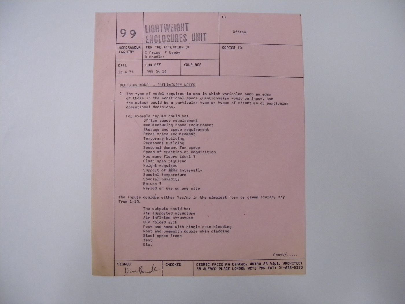 Internal memo describing a possible cybernetic model for organizing and retrieving information gathered by Lightweight Enclosures Unit on lightweight structures