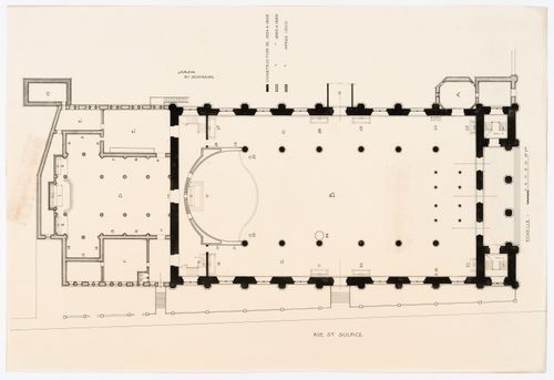 Plan du rez-de-chaussée de l'église Notre-Dame de Montréal indiquant la construction initiale et les ajouts
