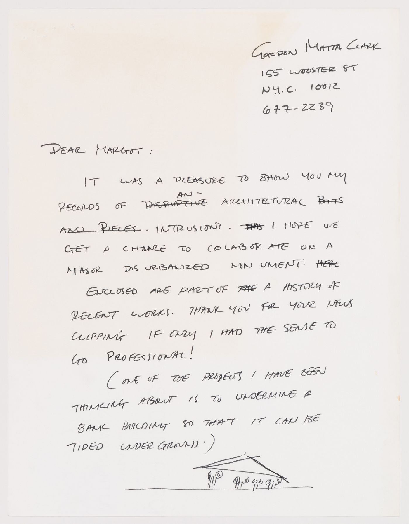 Letter from Gordon Matta-Clark to Margot Wellington