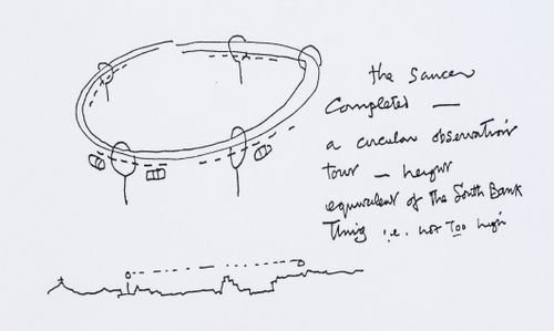 Stratton: conceptual sketches, including plan of the "fragmentary Saucer" and axonometric and section of "the Saucer completed"