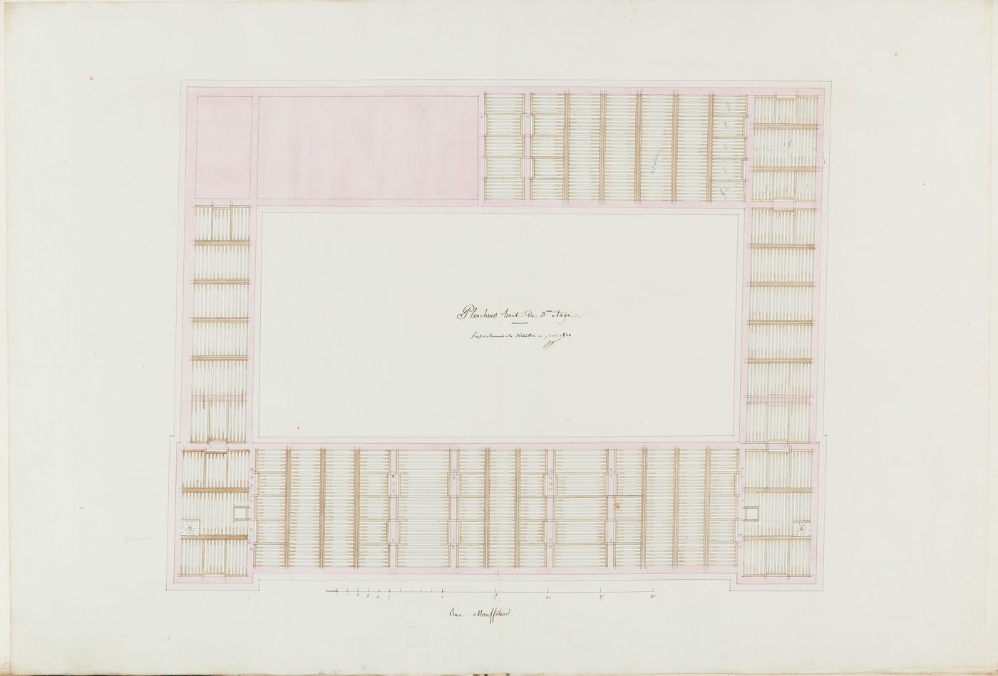 Project for the caserne de la Gendarmerie royale, rue Mouffetard: Floor framing plan for the buildings surrounding the first courtyard, probably for the "comble"