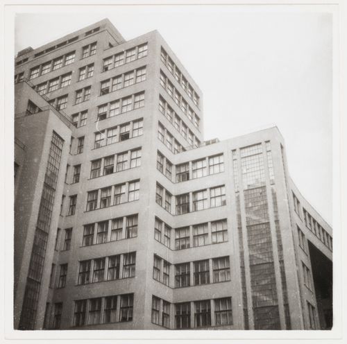 Partial exterior view of Department of Industry and Planning (Gosprom) buildings from below, Kharkov, Soviet Union (now in Ukraine)