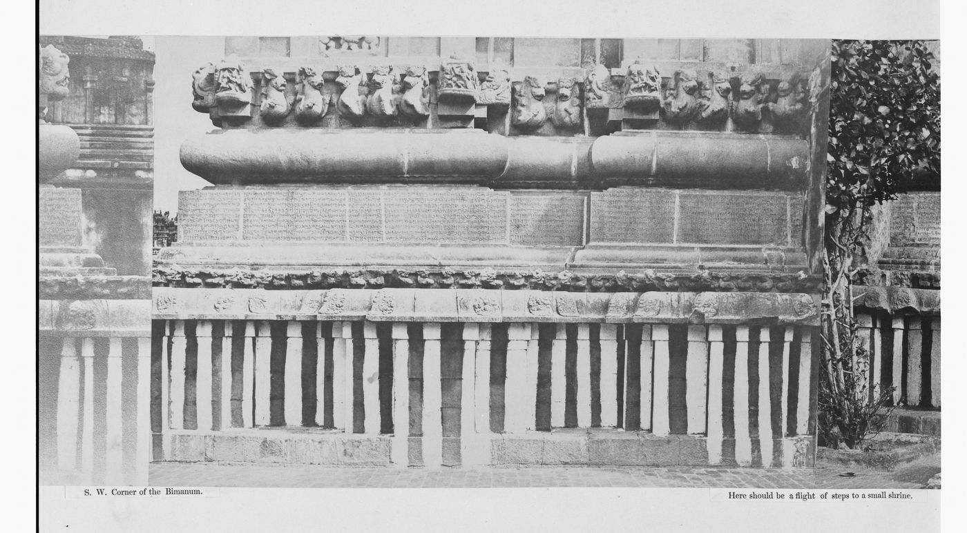 Partial view of the inscription panel at the base of the bimanum [sanctuary], Pirakatisvarar Tirukkoyil (also known as the Brihadisvara or Rajarajesvara Temple), Tanjore (now Thanjuvar), India