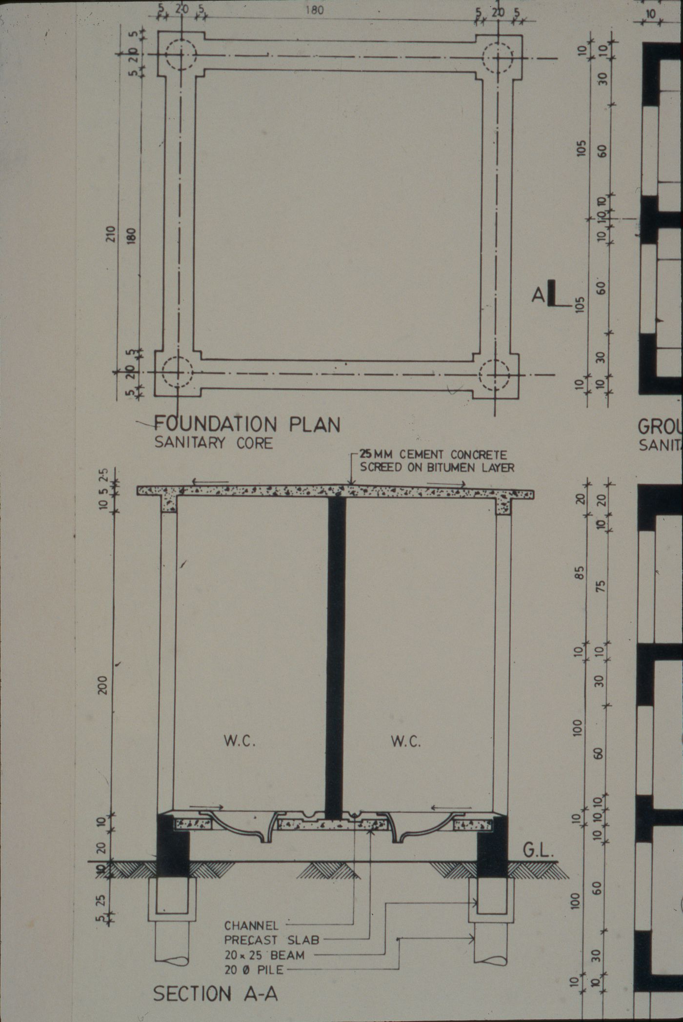 Foundation plan and section of sanitary core for the Aranya Housing Project, Indore, India