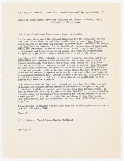 Draft letter for soliciting donations for Open Plan