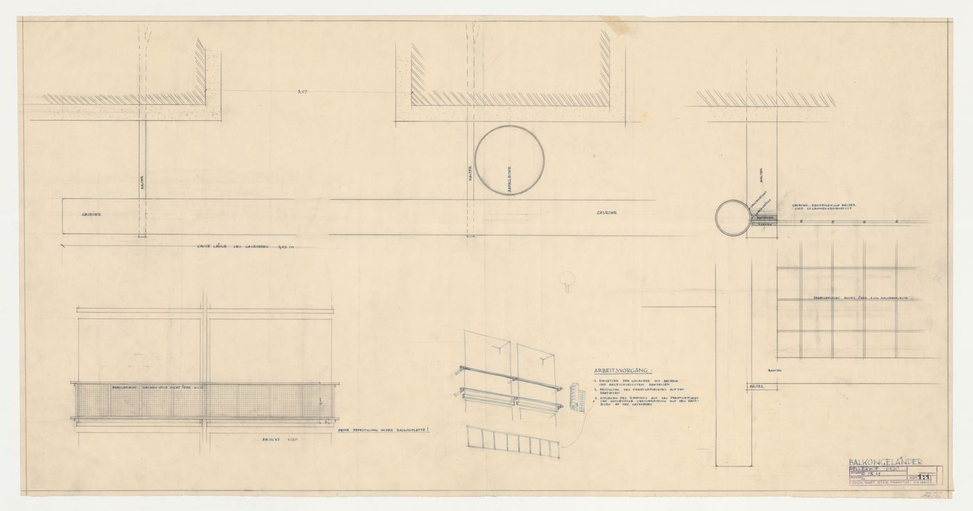Elevations, sectional details, and perspective for a balcony railing for Hellerhof Housing Estate, Frankfurt am Main, Germany