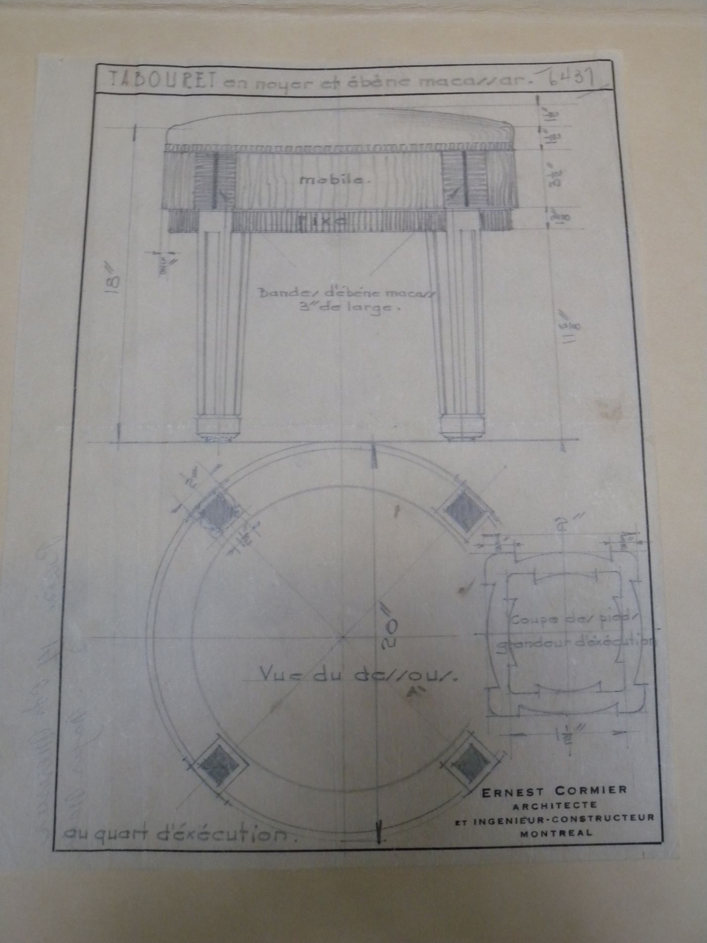 Élévation, plan et coupe pour un tabouret pour la maison Ernest Cormier, Montréal / Elevation, plan and section for a stool for Ernest Cormier House, Montréal