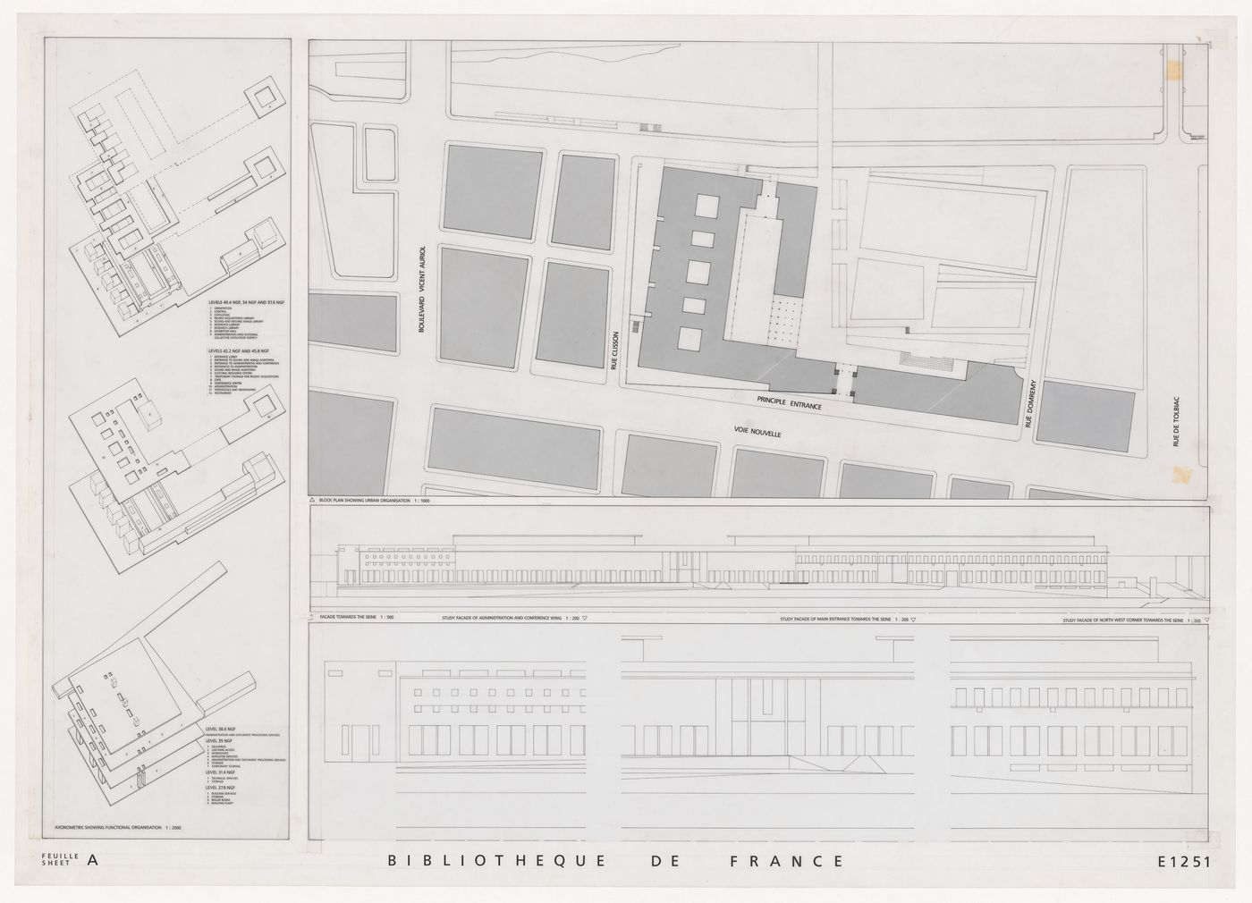 Site plan, elevations and axonometrics for Biblioteca de França [National Library of France], Paris, France