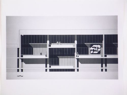 Photograph of a photocollage and elevation for the Resource Center, Century City, Los Angeles, California