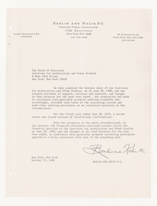 Financial statements for 1979-1980 verified by certified public accountants Berlin And Kolin, P. C.