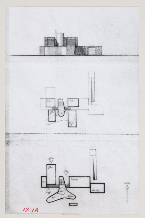 House Studies, England: views of elevation (top image) and plans (lower images)
