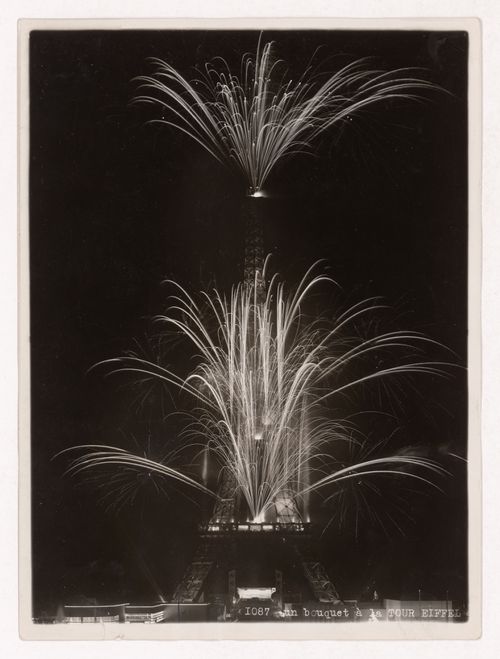 Night view of fireworks and the Tour Eiffel, 1937 Exposition internationale, Paris, France