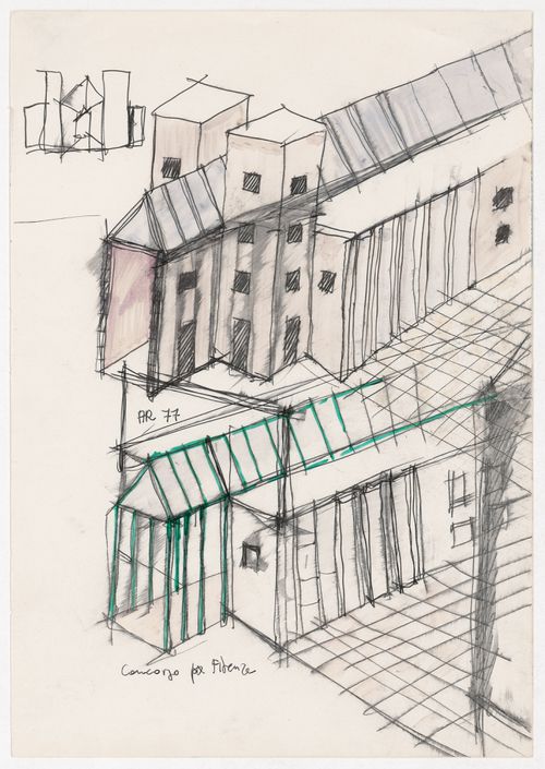 Perspective sketches and sketch elevation for Centro Direzionale, Florence
