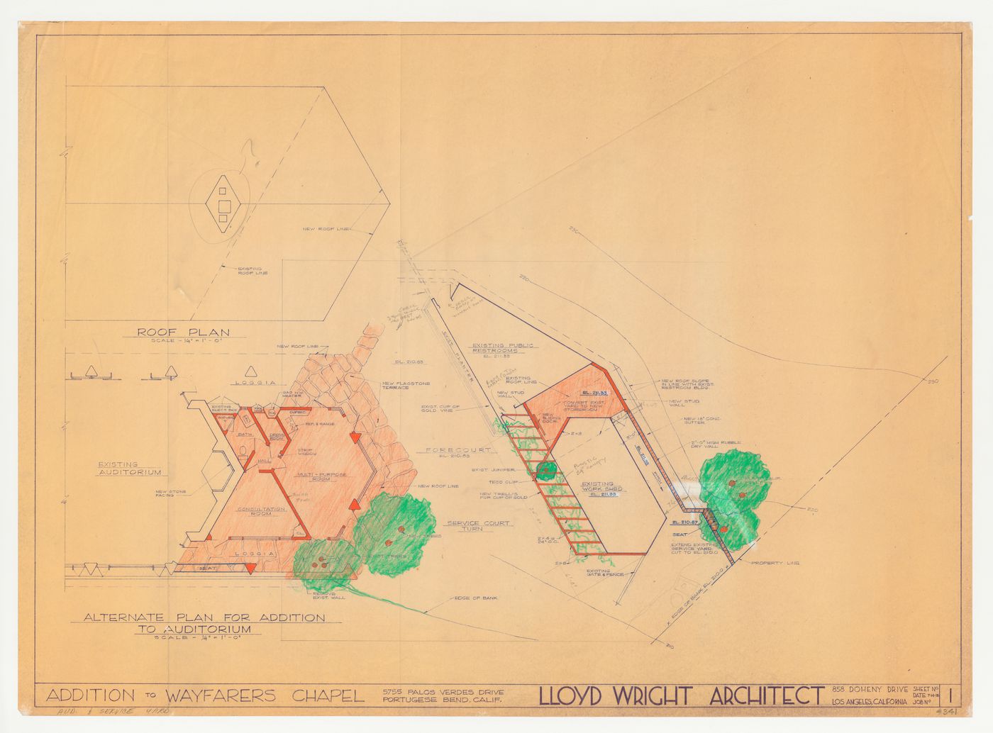 Wayfarers' Chapel, Palos Verdes, California: Partial site plan showing the auditorium addition and the conversion of the yard between the work shed and rest rooms into a storage area