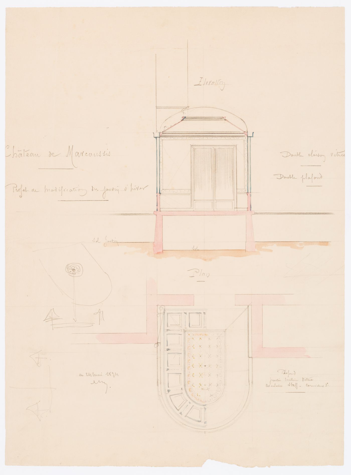 Château de Marcoussis: Section and plan for alterations to the winter garden, possibly for the ceiling
