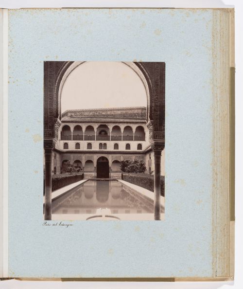View of south pavilion and pond, from Hall of the Boat in Court of the Mrytles, Alhambra, Granada, Spain
