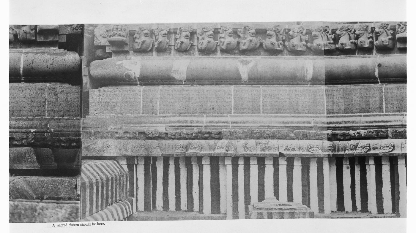 Partial view of the inscription panel at the base of the bimanum [sanctuary], Pirakatisvarar Tirukkoyil (also known as the Brihadisvara or Rajarajesvara Temple), Tanjore (now Thanjuvar), India