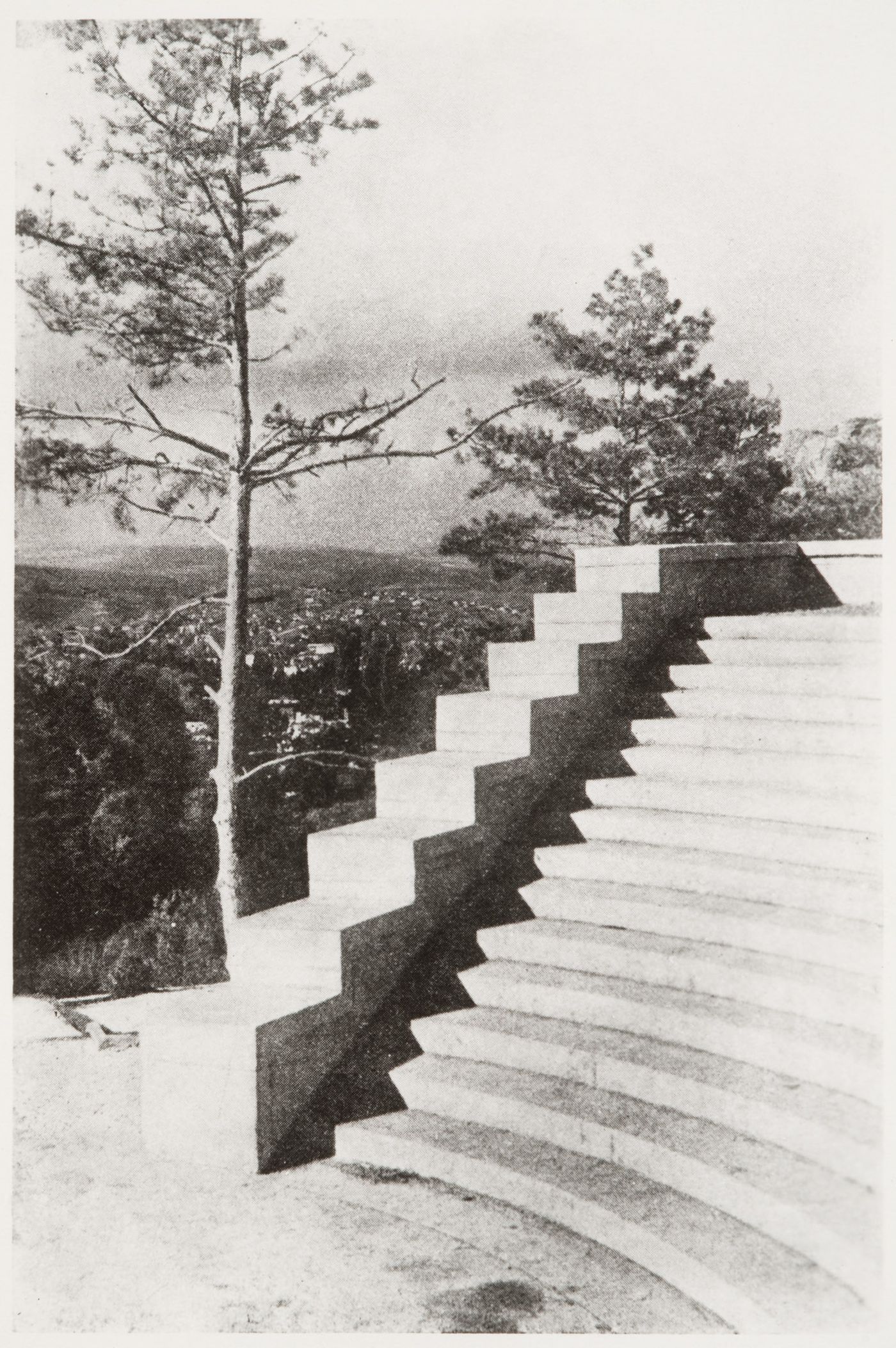 Partial exterior view of the stairs to the Ordzhonikidze Sanatorium for the People's Commissariat for Heavy Industry (Narkomtyazhprom), Kislovodsk, Soviet Union (now in Russia)