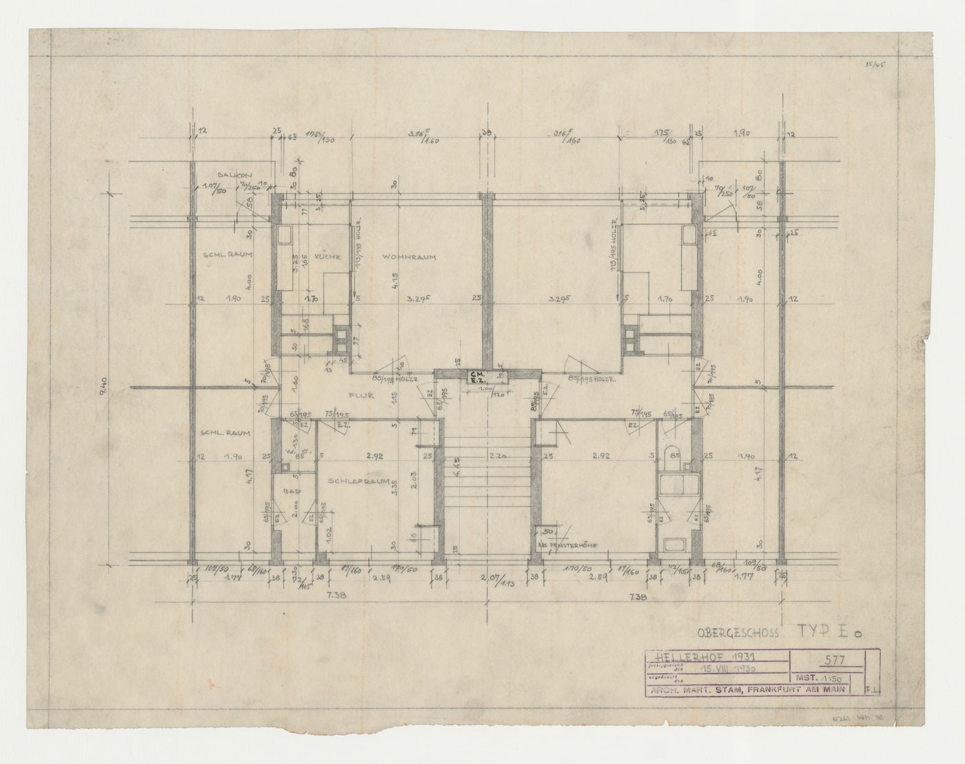 First floor plan for type EO housing units, Hellerhof Housing Estate, Frankfurt am Main, Germany