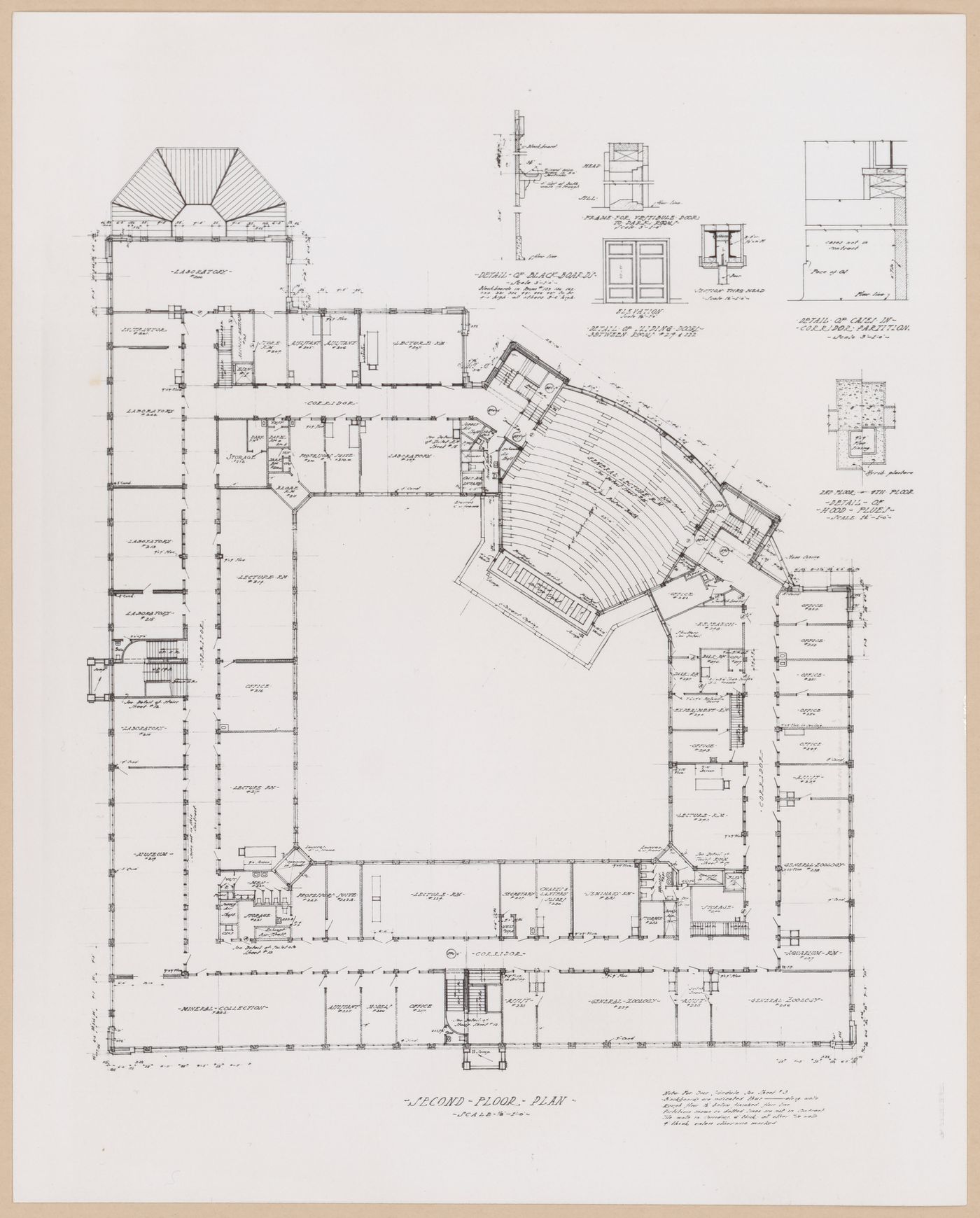 Photograph of a second floor plan and details for hood flues, corridor partitions, blackboards, doors and doorheads for the Natural Science Building (also known as the Krauss Natural Science Building), University of Michigan, Ann Arbor, Michigan