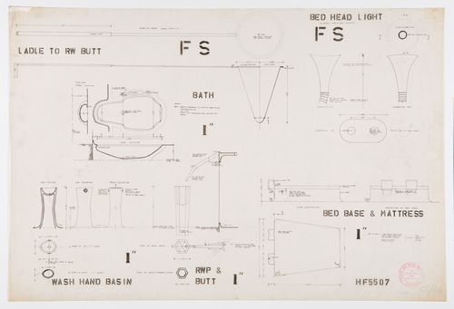Plans, sections, elevations and details for the bathtub, downspout, rain butt, washbowl, bed lamps and bed, House of the Future, Daily Mail Ideal Homes Exhibition, London, England