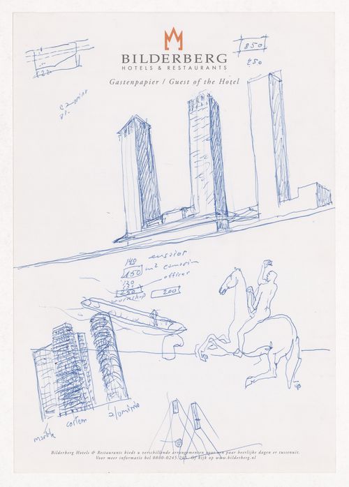 Sketch elevations and human figure on horse for New Orleans, Plot UG-8, Rotterdam, the Netherlands