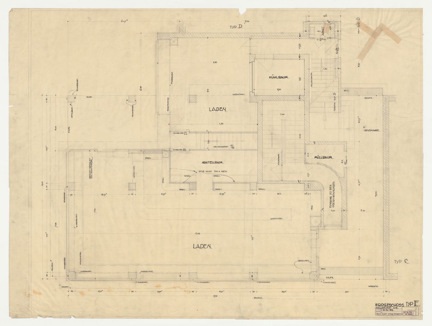 Ground floor plan for a type E store and housing unit, Hellerhof Housing Estate, Frankfurt am Main, Germany